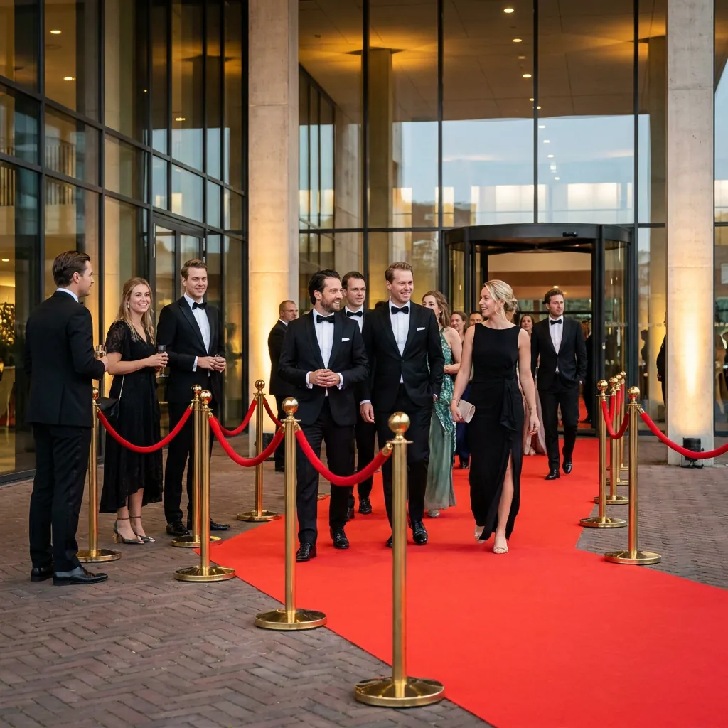 Gasten op de rode loper bij de entree van een avondevent