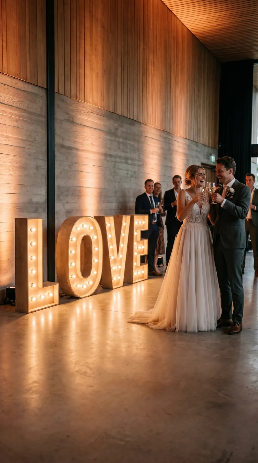 Bruidspaar tijdens de eerste dans bij LOVE-lichtletters