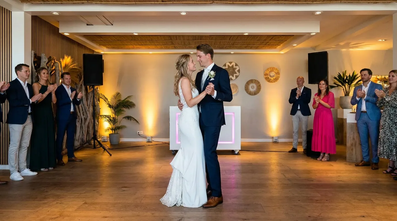 Bruidspaar tijdens de openingsdans in een feestzaal