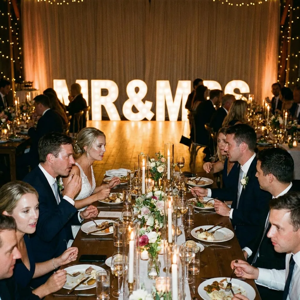 MR&MRS-lichtletters tijdens het bruiloftsdiner