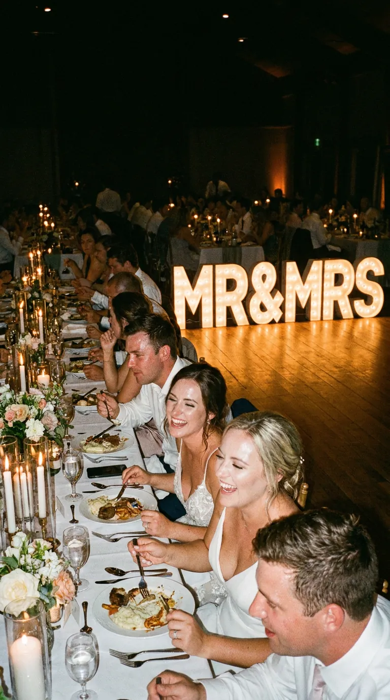 Gasten aan tafel bij MR&MRS-lichtletters op een bruiloft