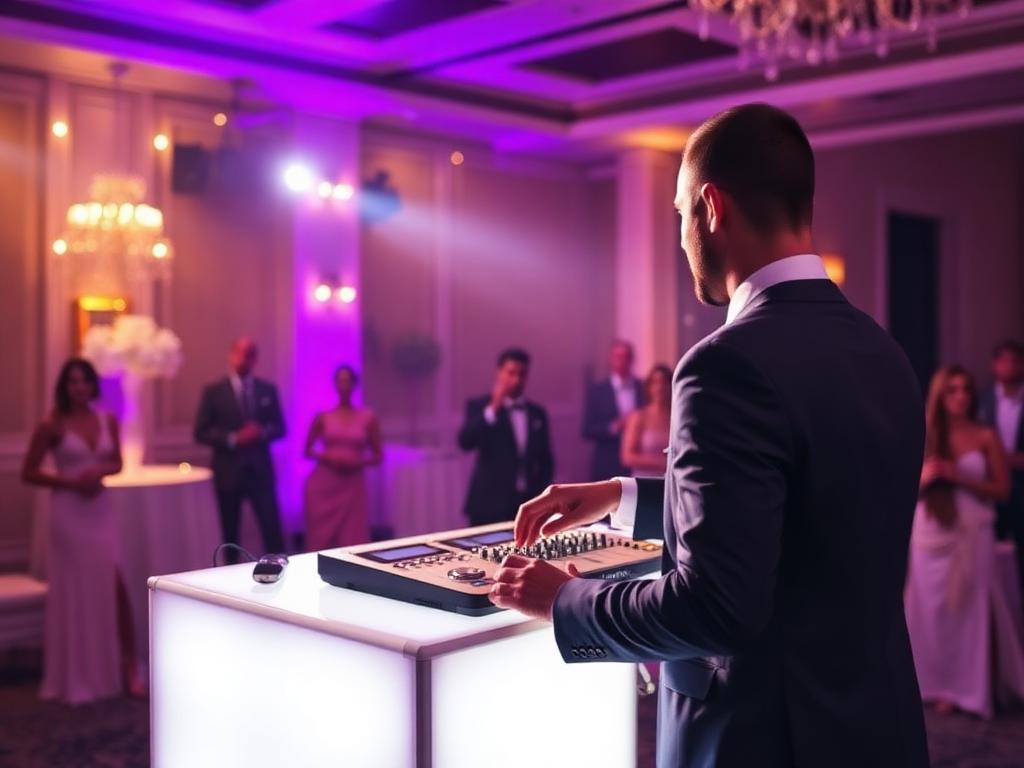 DJ achter witte LED DJ-booth tijdens een feest