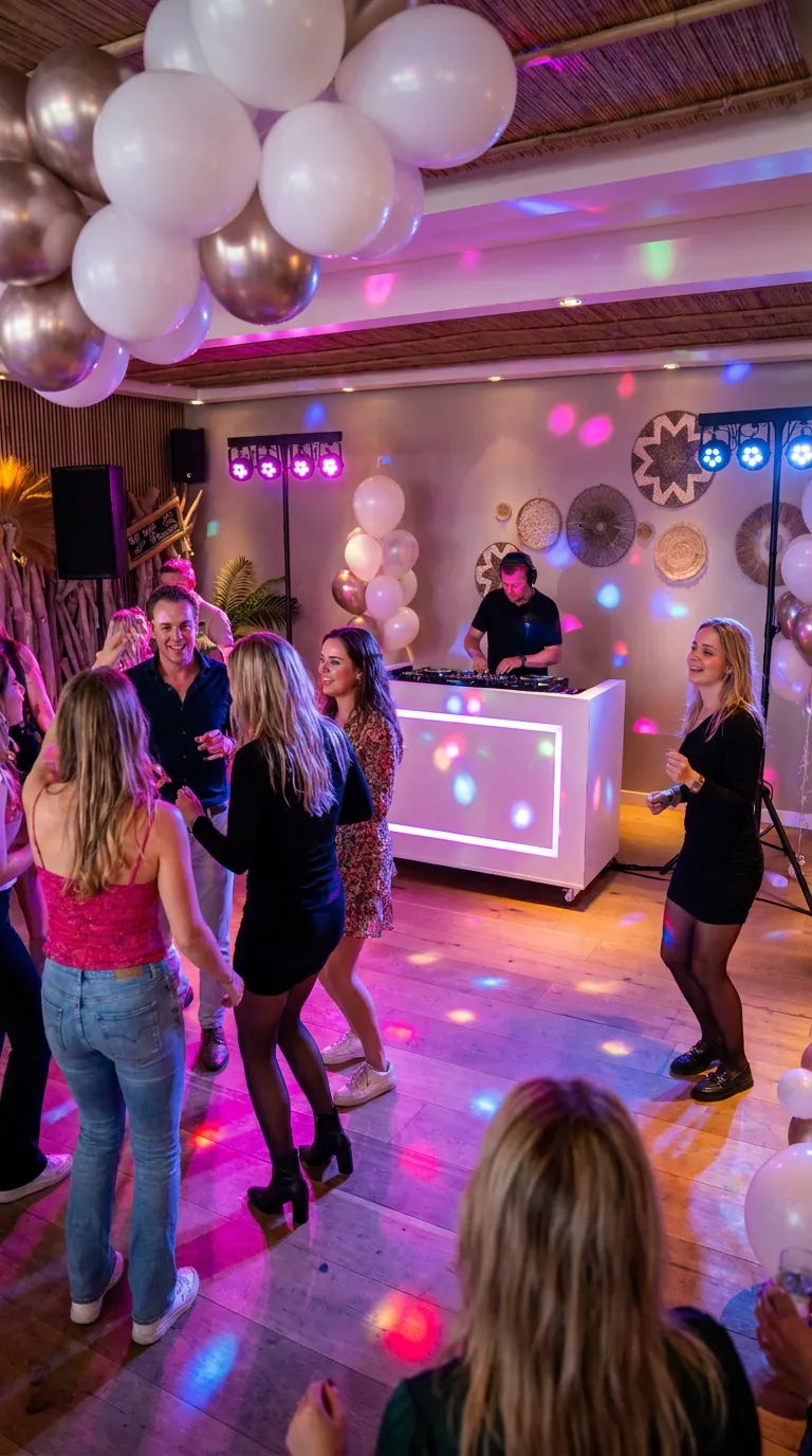 Feest met ballonnen en een DJ-booth met roze verlichting