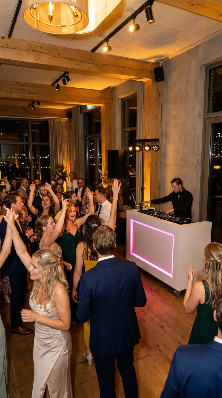 Volle dansvloer met handen omhoog bij een roze verlichte DJ-booth