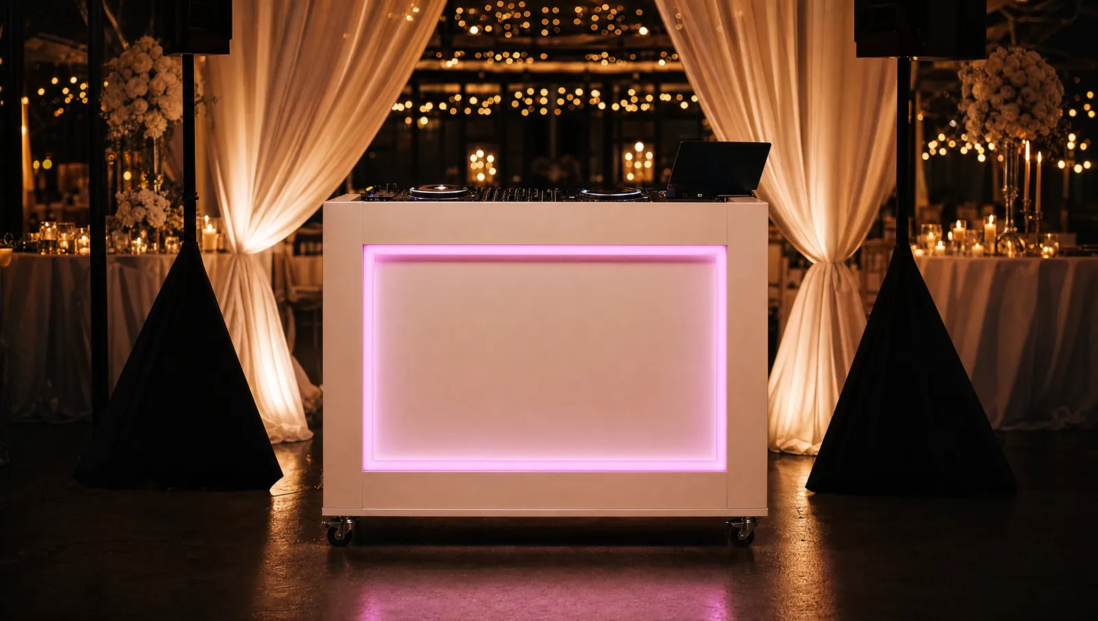 Eventzaal met gordijnen, lichtsnoeren en een DJ-booth