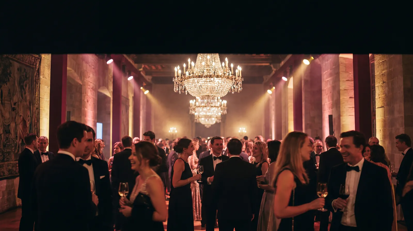 Volle eventzaal met kroonluchter tijdens een avondfeest