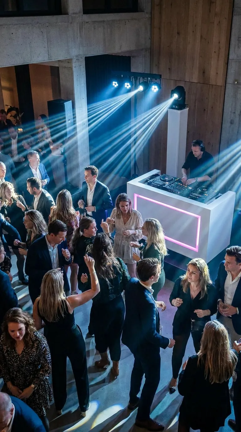 Grote menigte op een feest onder blauwe verlichting