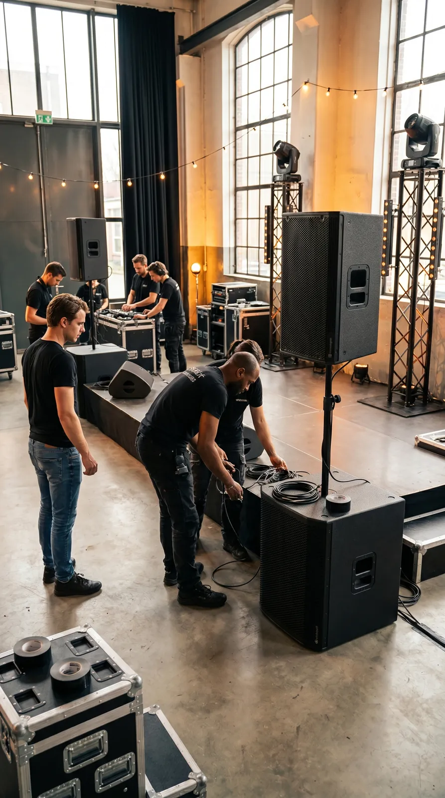 Technici bouwen de geluidsset en apparatuur op voor een event