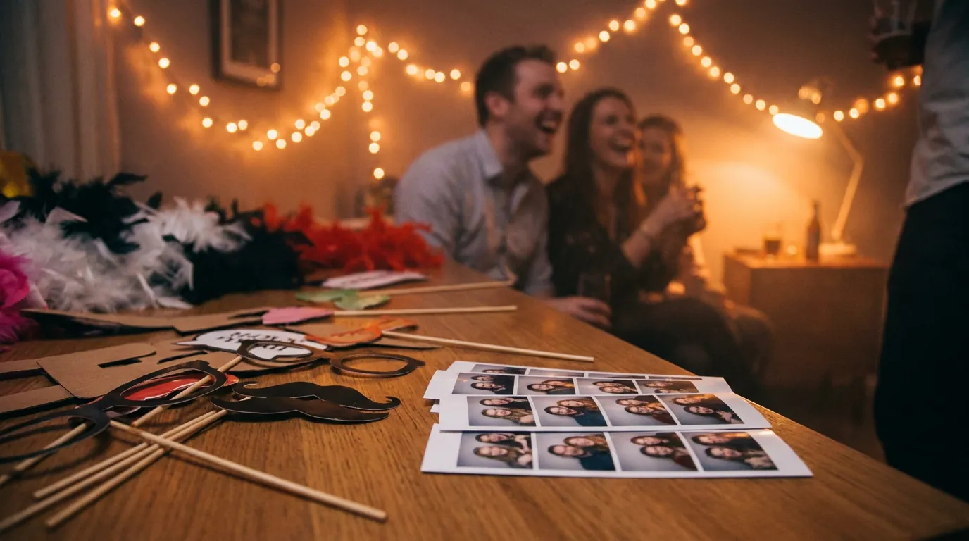Photobooth-props en fotostrips op tafel